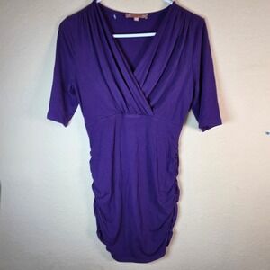 womens Purple side Ruched Bodycon Dress Medium V-Neck Elbow Sleeve date